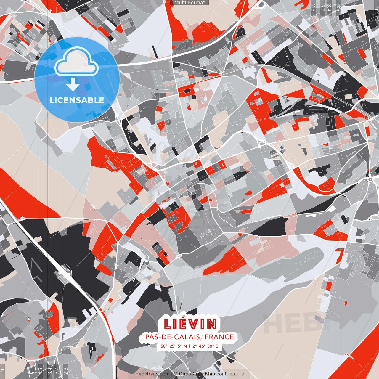 Liévin, Pas-de-Calais, France - modern street map poster template with gray and red tones