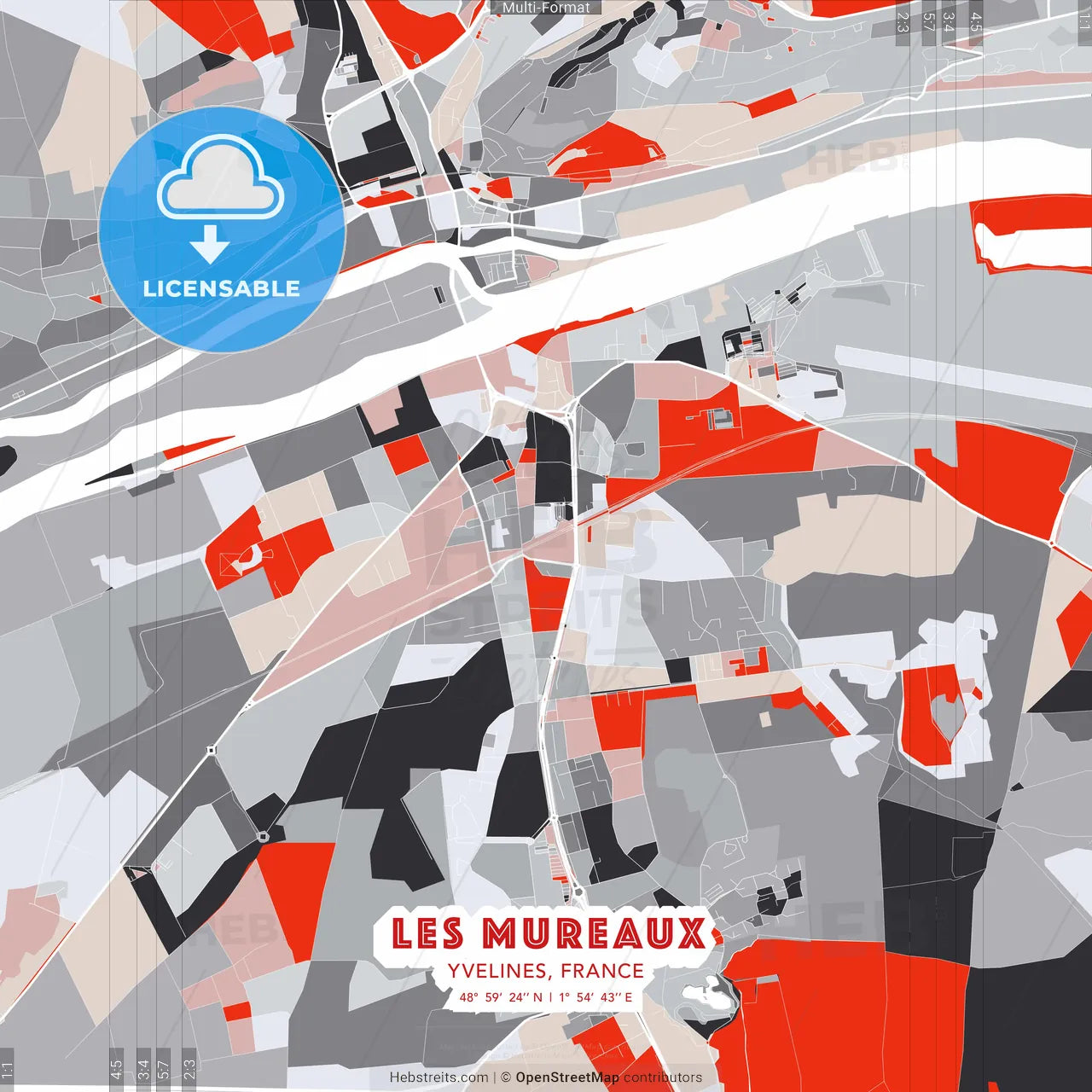 Les Mureaux, Yvelines, France - modern street map poster template with gray and red tones