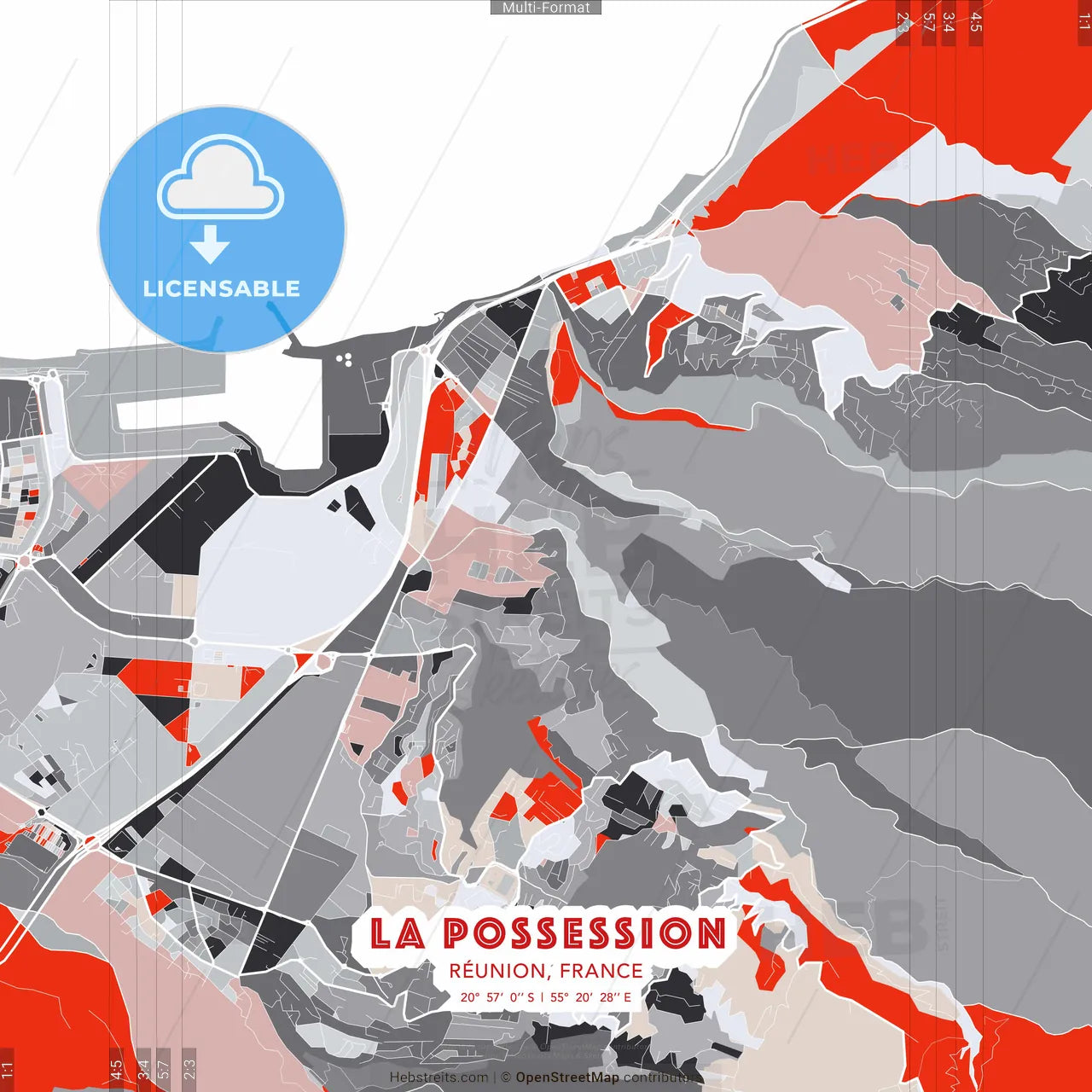 La Possession, Réunion, France - modern street map poster template with gray and red tones