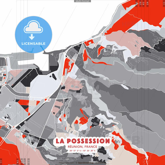 La Possession, Réunion, France - modern street map poster template with gray and red tones