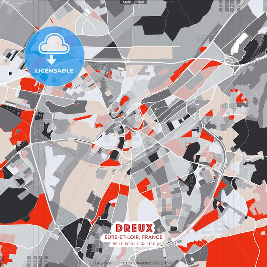 Dreux, Eure-et-Loir, France - modern street map poster template with gray and red tones