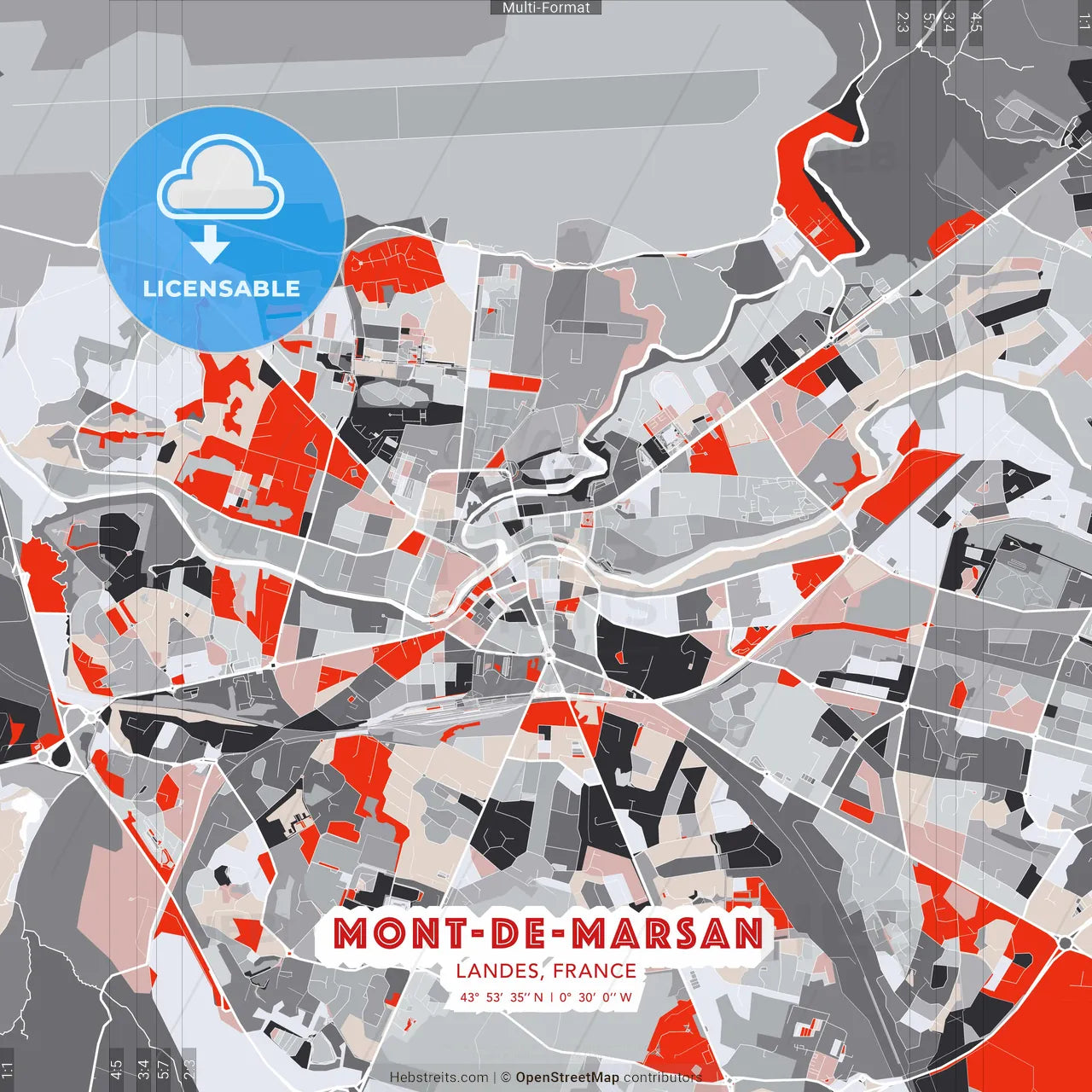 Mont-de-Marsan, Landes, France - modern street map poster template with gray and red tones
