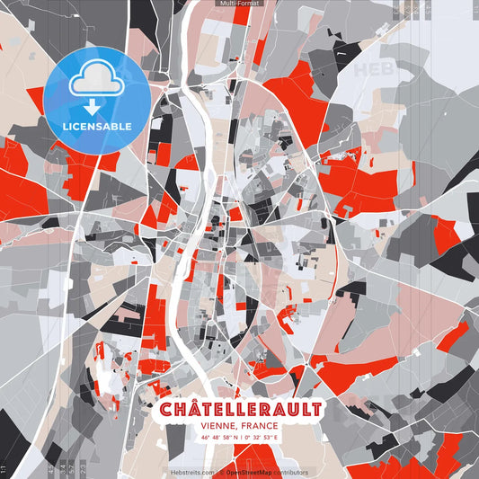 Châtellerault, Vienne, France - modern street map poster template with gray and red tones
