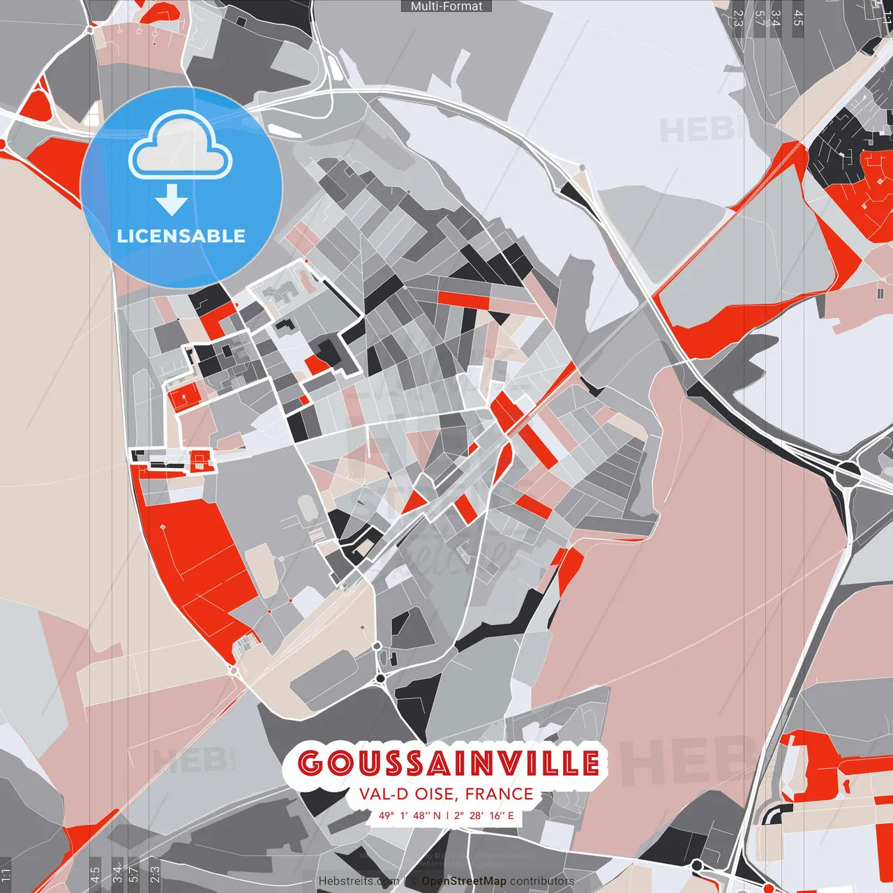 Goussainville, Val-d Oise, France - modern street map poster template with gray and red tones
