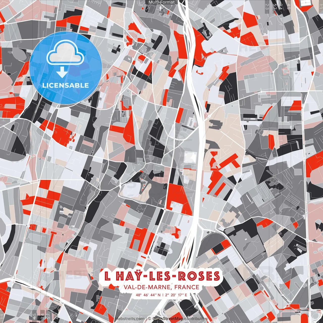 L Haÿ-les-Roses, Val-de-Marne, France - modern street map poster template with gray and red tones