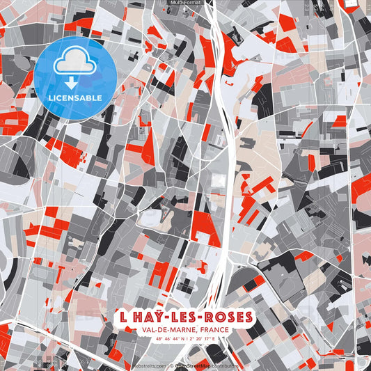 L Haÿ-les-Roses, Val-de-Marne, France - modern street map poster template with gray and red tones