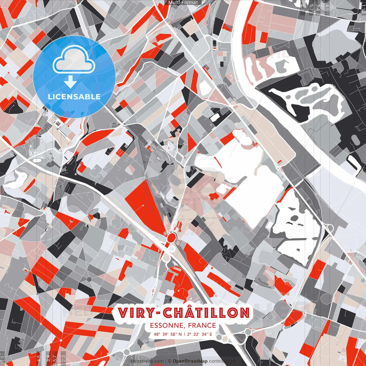 Viry-Châtillon, Essonne, France - modern street map poster template with gray and red tones