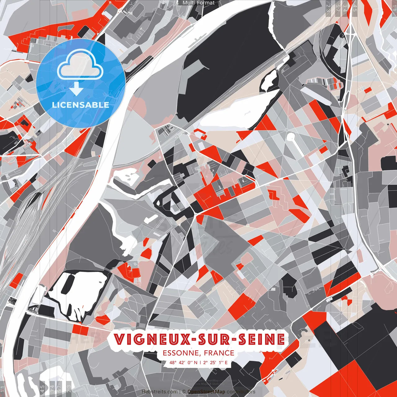 Vigneux-sur-Seine, Essonne, France - modern street map poster template with gray and red tones