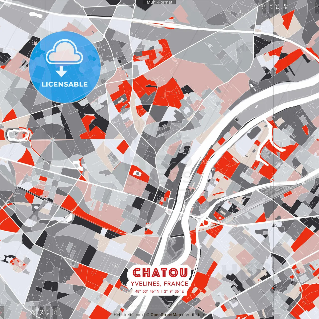 Chatou, Yvelines, France - modern street map poster template with gray and red tones
