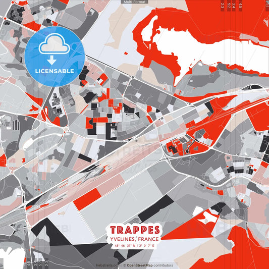 Trappes, Yvelines, France - modern street map poster template with gray and red tones