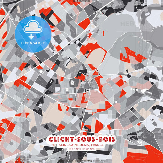 Clichy-sous-Bois, Seine-Saint-Denis, France - modern street map poster template with gray and red tones