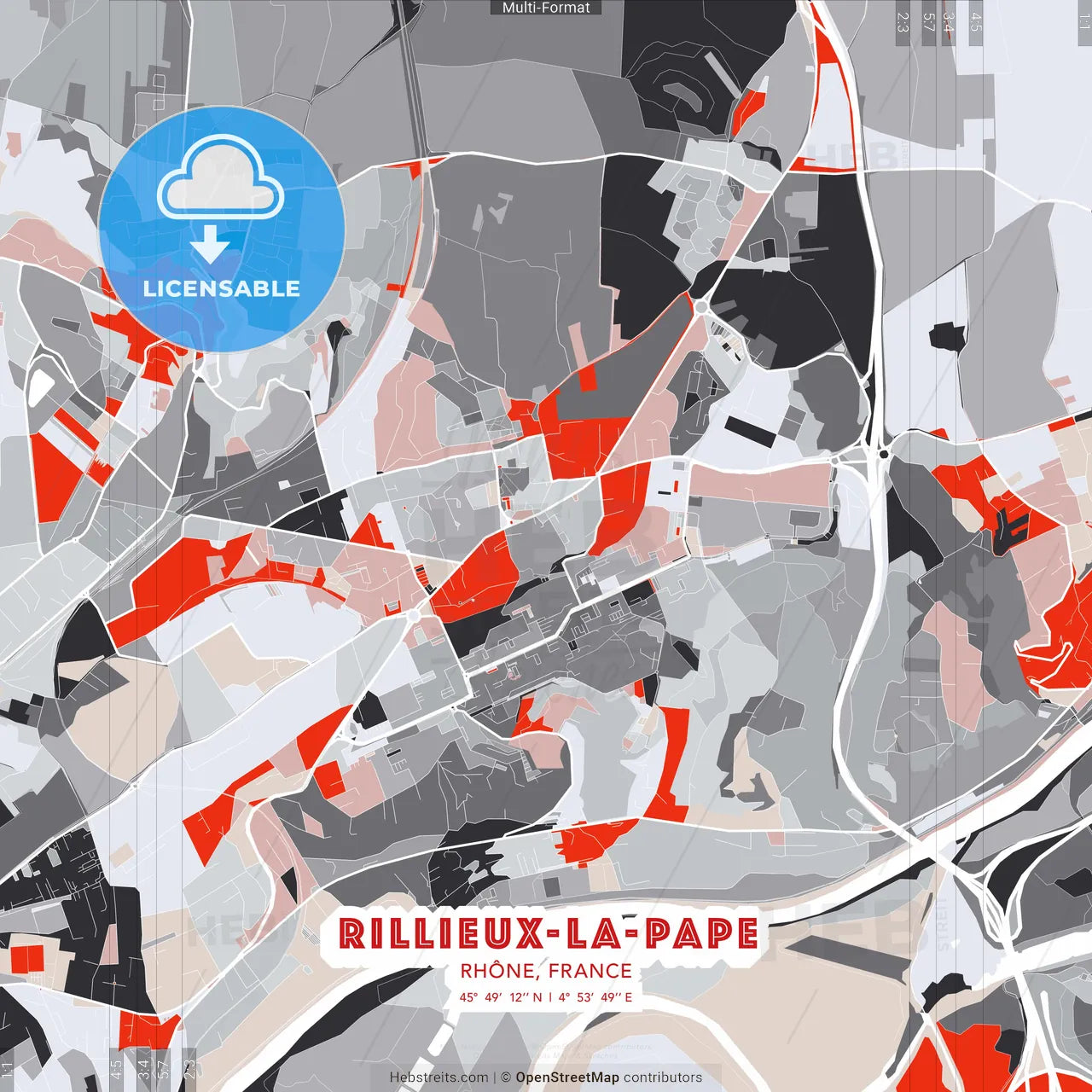 Rillieux-la-Pape, Rhône, France - modern street map poster template with gray and red tones