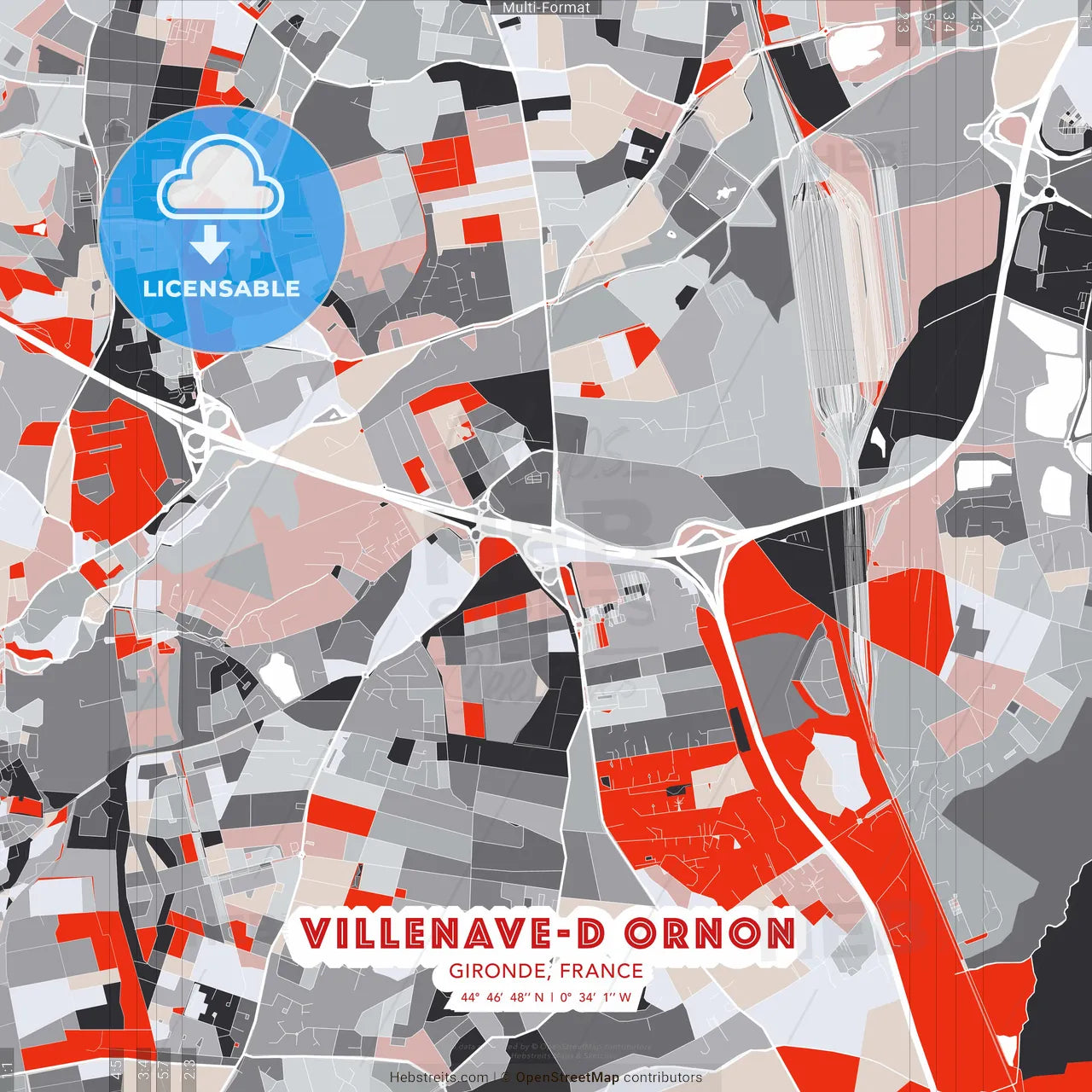 Villenave-d Ornon, Gironde, France - modern street map poster template with gray and red tones