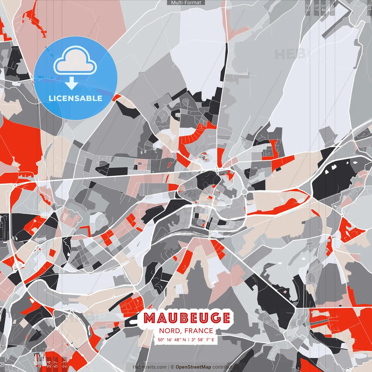 Maubeuge, Nord, France - modern street map poster template with gray and red tones