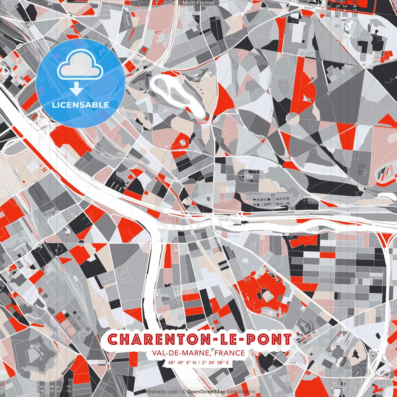 Charenton-le-Pont, Val-de-Marne, France - modern street map poster template with gray and red tones