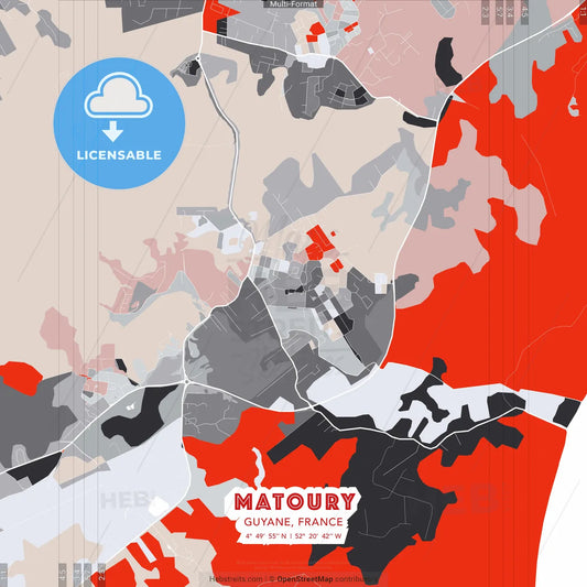 Matoury, Guyane, France - modern street map poster template with gray and red tones
