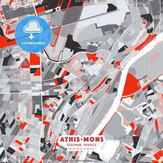 Athis-Mons, Essonne, France - modern street map poster template with gray and red tones