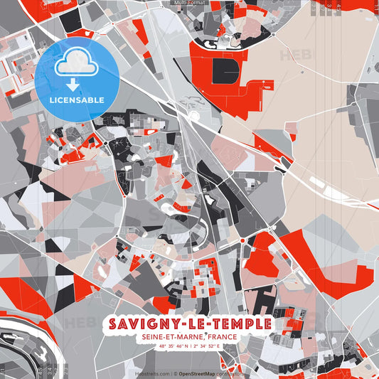 Savigny-le-Temple, Seine-et-Marne, France - modern street map poster template with gray and red tones