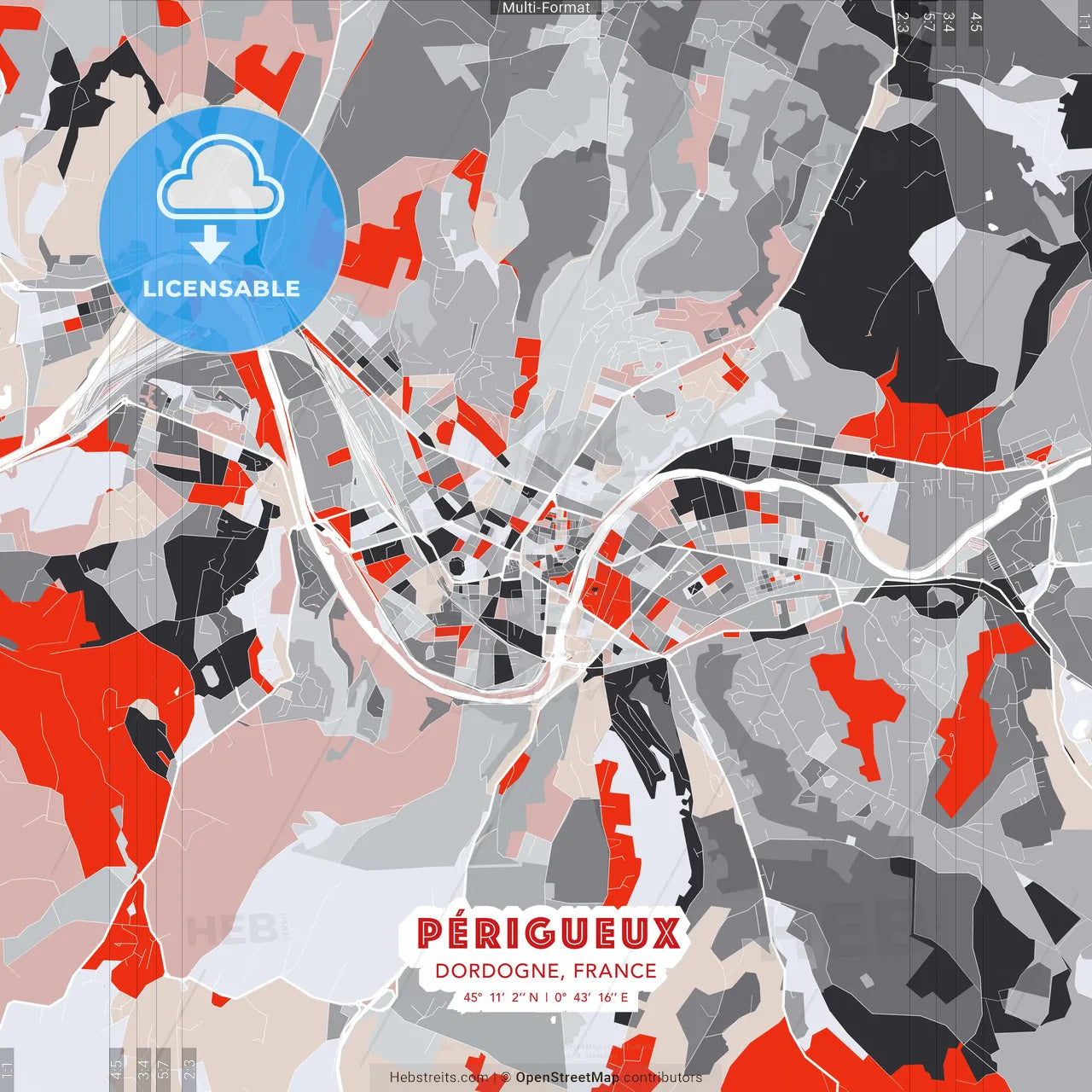Périgueux, Dordogne, France - modern street map poster template with gray and red tones