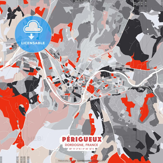 Périgueux, Dordogne, France - modern street map poster template with gray and red tones