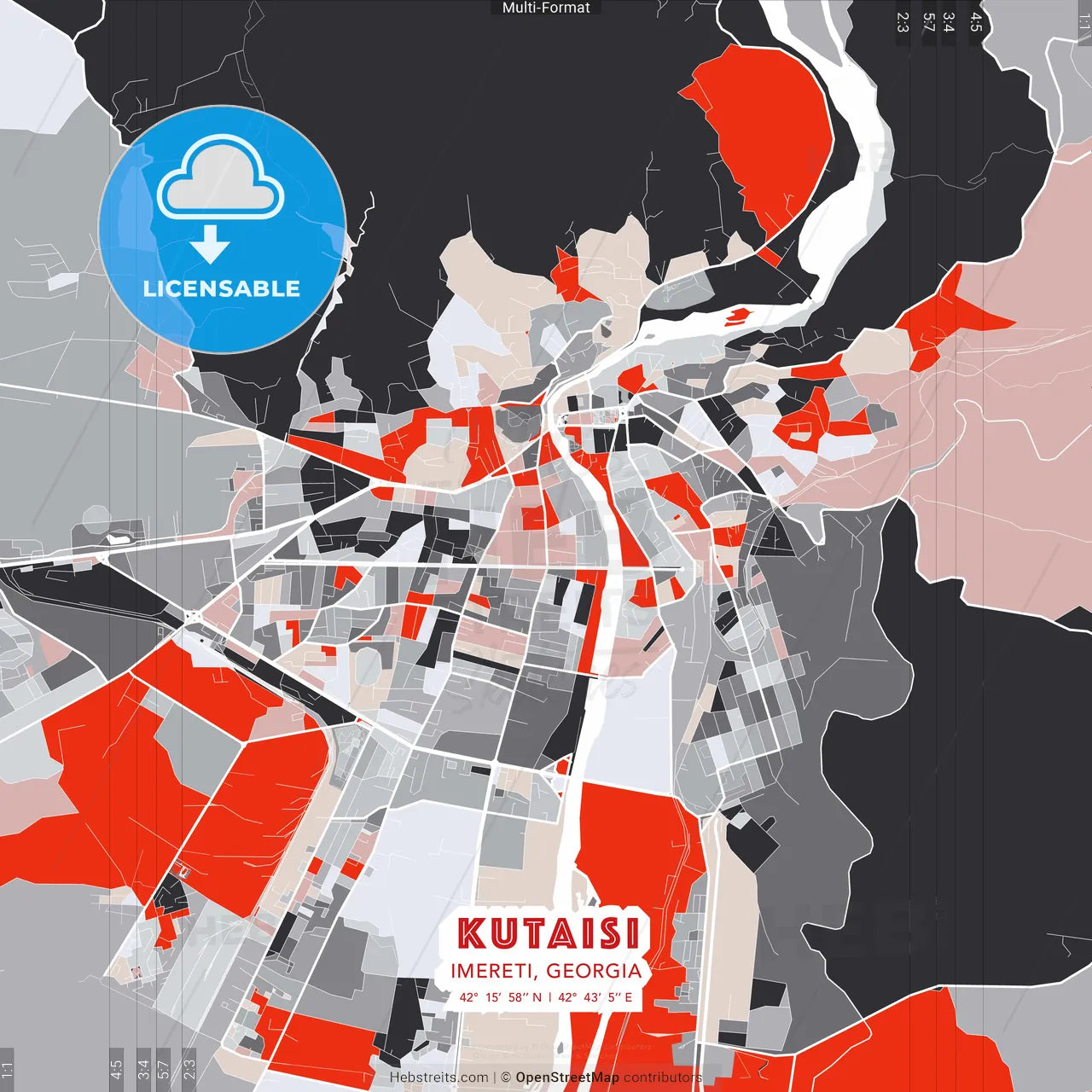 Kutaisi, Imereti, Georgia - modern street map poster template with gray and red tones