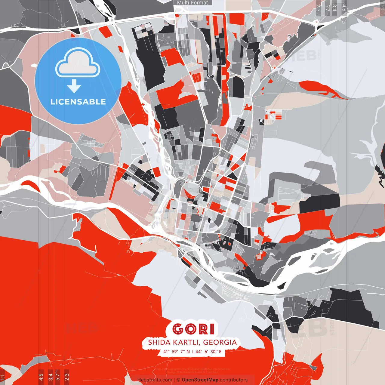 Gori, Shida Kartli, Georgia - modern street map poster template with gray and red tones