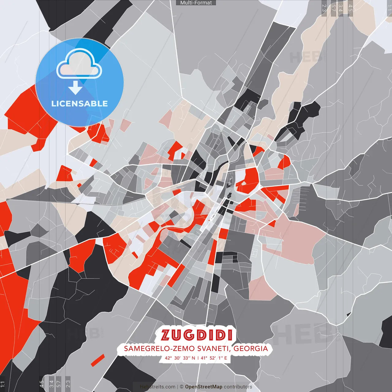 Zugdidi, Samegrelo-Zemo Svaneti, Georgia - modern street map poster template with gray and red tones