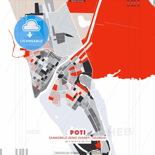 Poti, Samegrelo-Zemo Svaneti, Georgia - modern street map poster template with gray and red tones