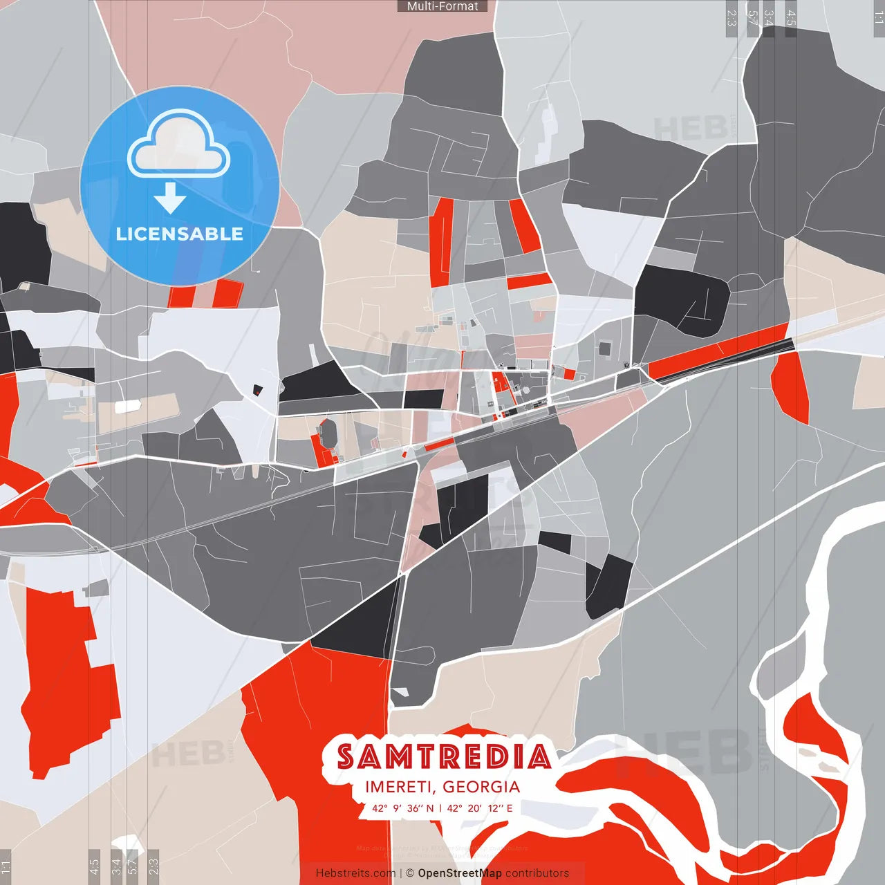 Samtredia, Imereti, Georgia - modern street map poster template with gray and red tones
