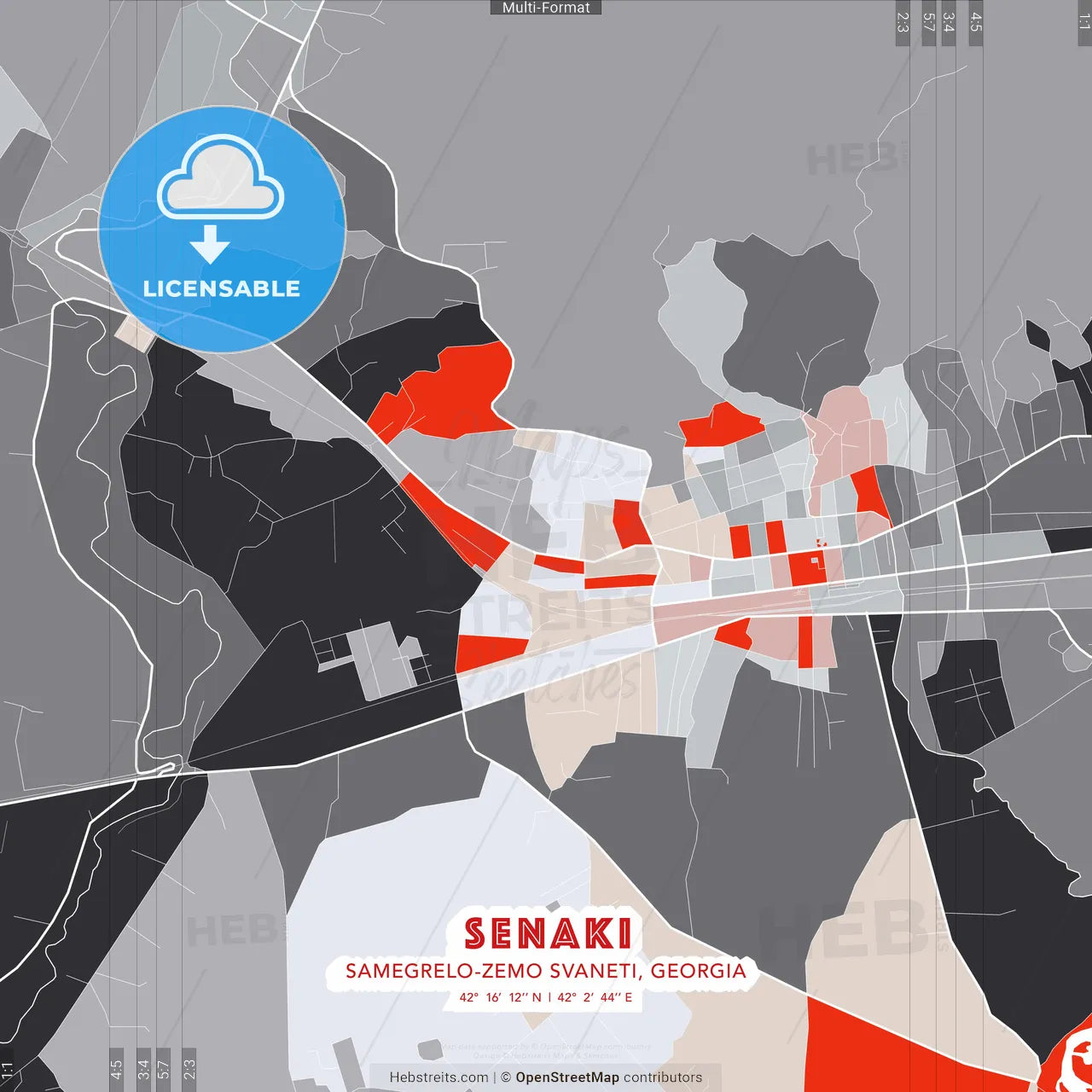 Senaki, Samegrelo-Zemo Svaneti, Georgia - modern street map poster template with gray and red tones