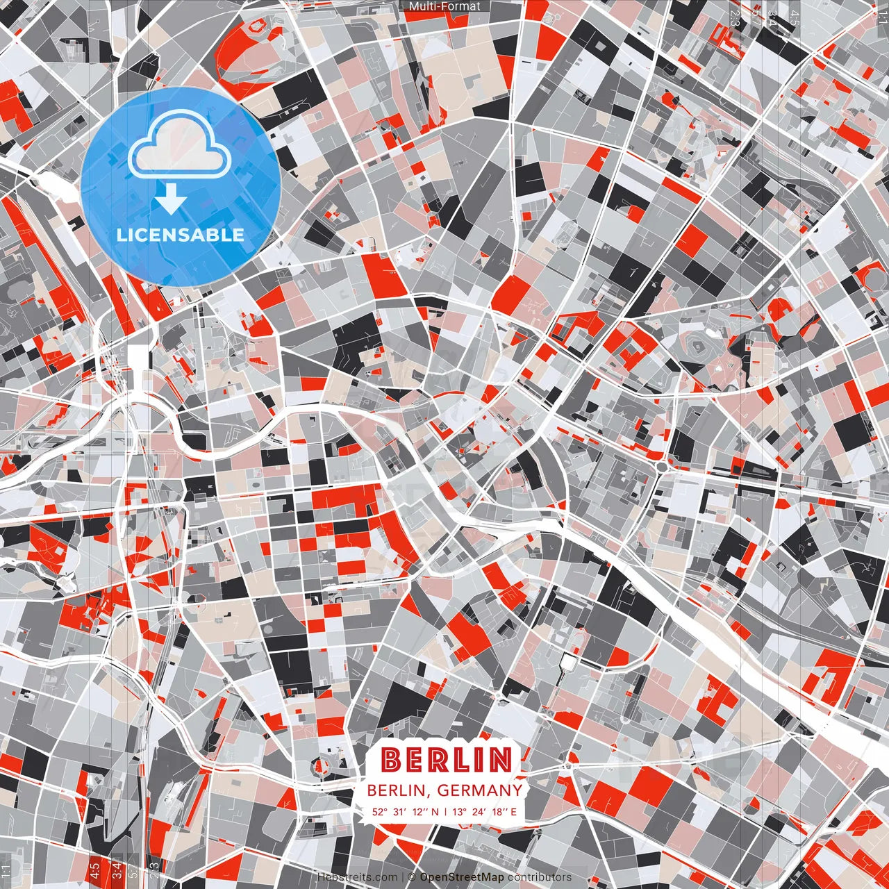 Berlin, Berlin, Germany - modern street map poster template with gray and red tones