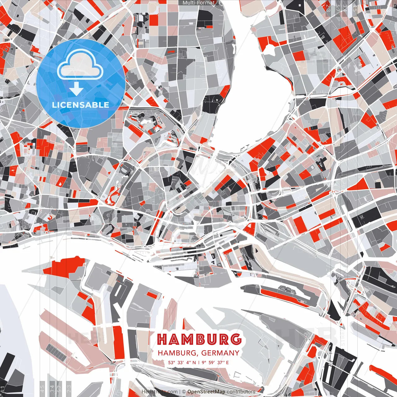 Hamburg, Hamburg, Germany - modern street map poster template with gray and red tones