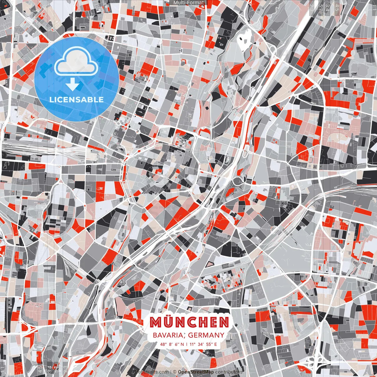 München, Bavaria, Germany - modern street map poster template with gray and red tones