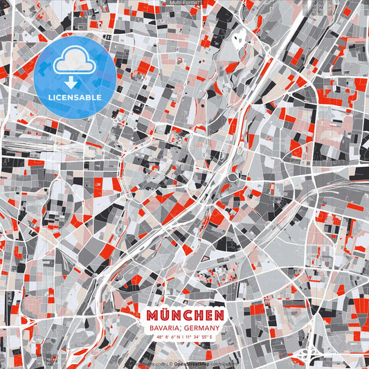 München, Bavaria, Germany - modern street map poster template with gray and red tones