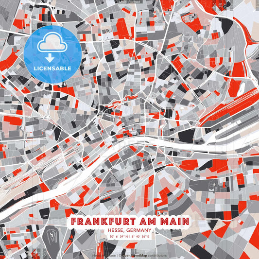 Frankfurt am Main, Hesse, Germany - modern street map poster template with gray and red tones