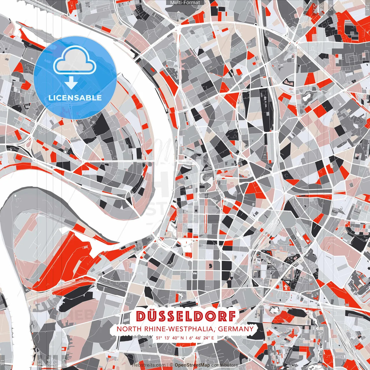 Düsseldorf, North Rhine-Westphalia, Germany - modern street map poster template with gray and red tones