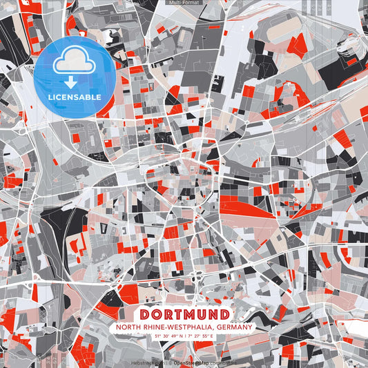 Dortmund, North Rhine-Westphalia, Germany - modern street map poster template with gray and red tones