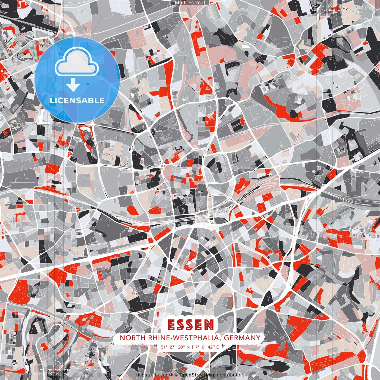 Essen, North Rhine-Westphalia, Germany - modern street map poster template with gray and red tones