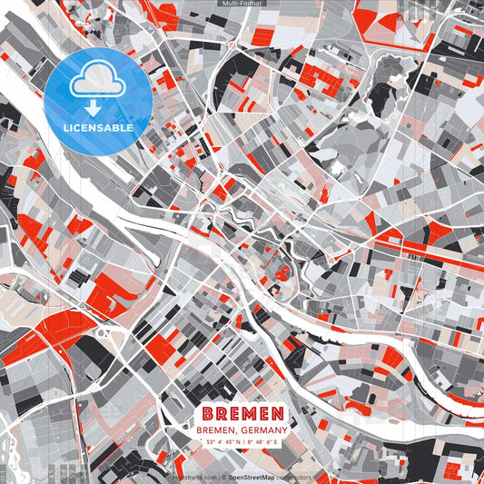 Bremen, Bremen, Germany - modern street map poster template with gray and red tones