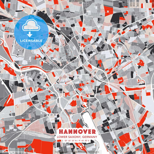 Hannover, Lower Saxony, Germany - modern street map poster template with gray and red tones