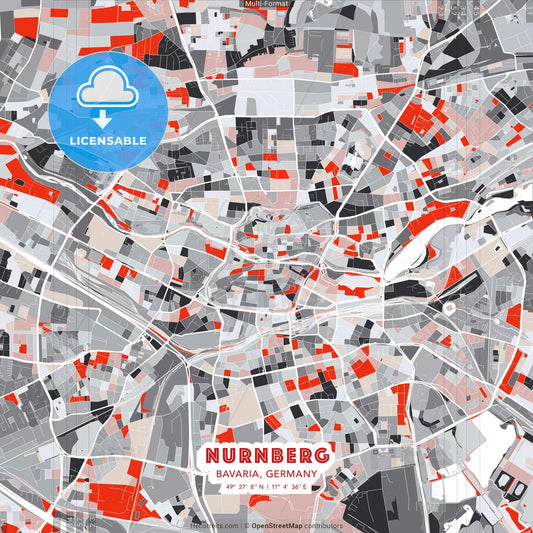 Nurnberg, Bavaria, Germany - modern street map poster template with gray and red tones
