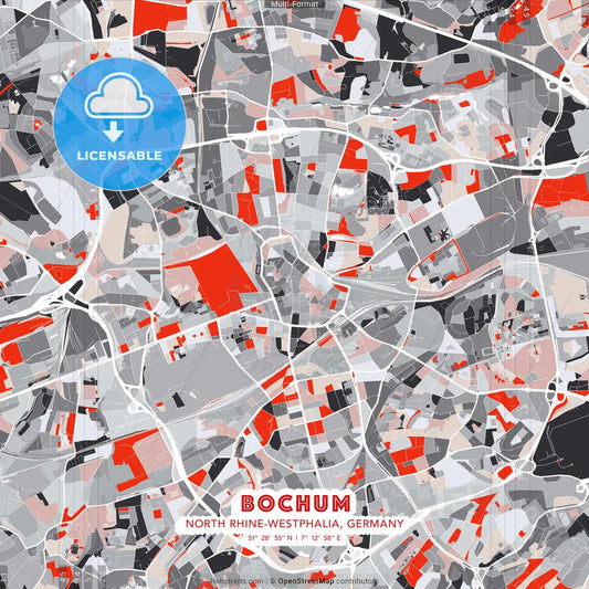 Bochum, North Rhine-Westphalia, Germany - modern street map poster template with gray and red tones