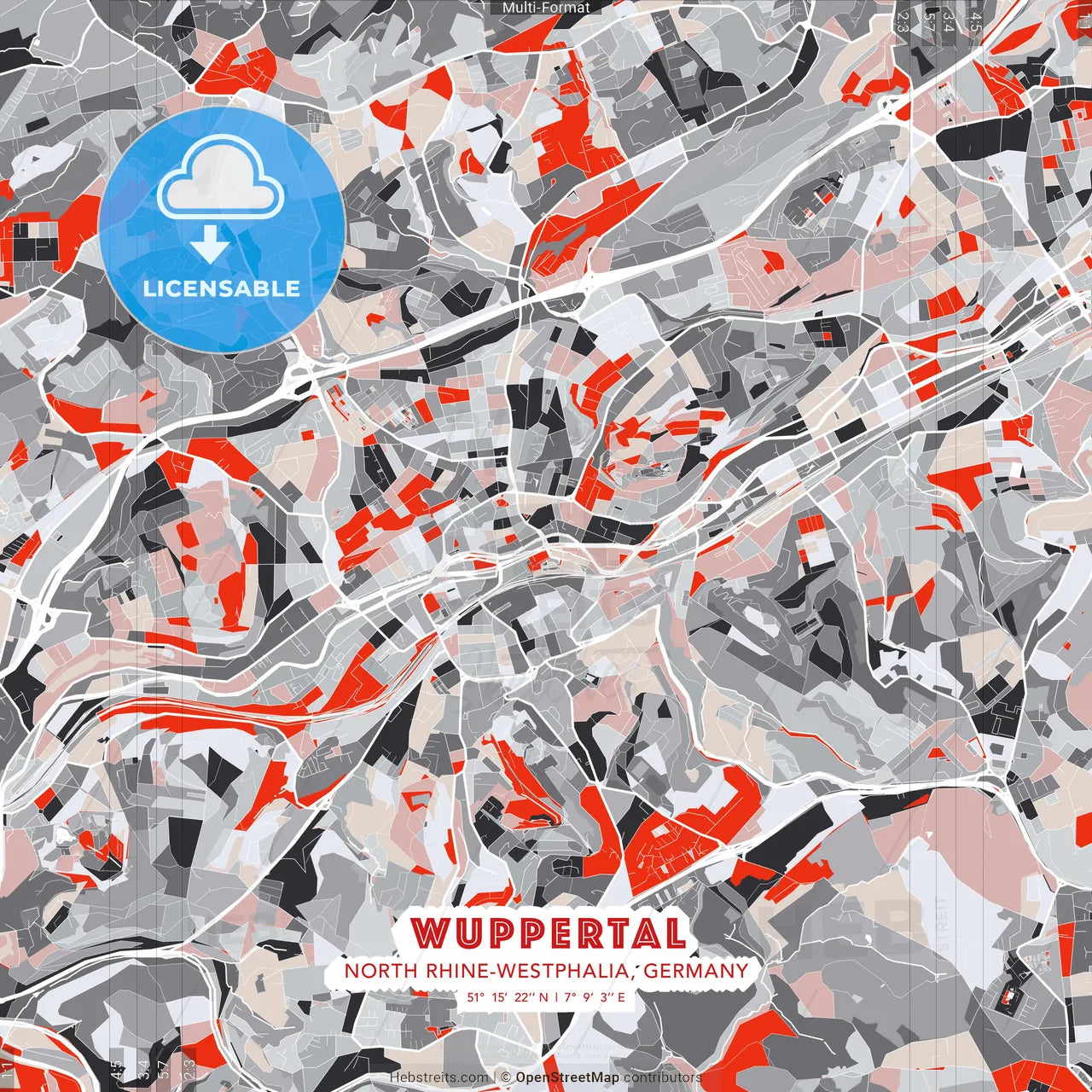 Wuppertal, North Rhine-Westphalia, Germany - modern street map poster template with gray and red tones