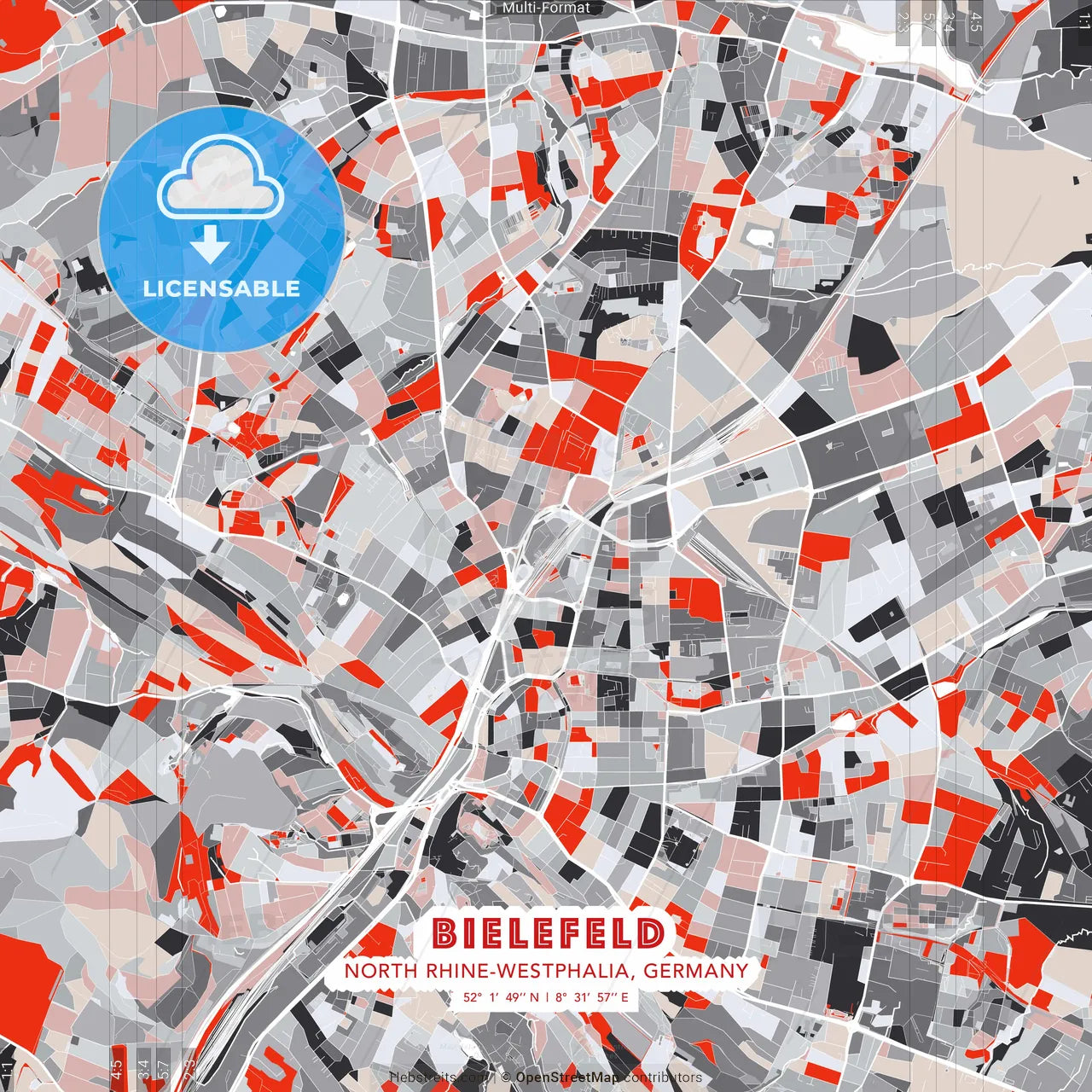 Bielefeld, North Rhine-Westphalia, Germany - modern street map poster template with gray and red tones