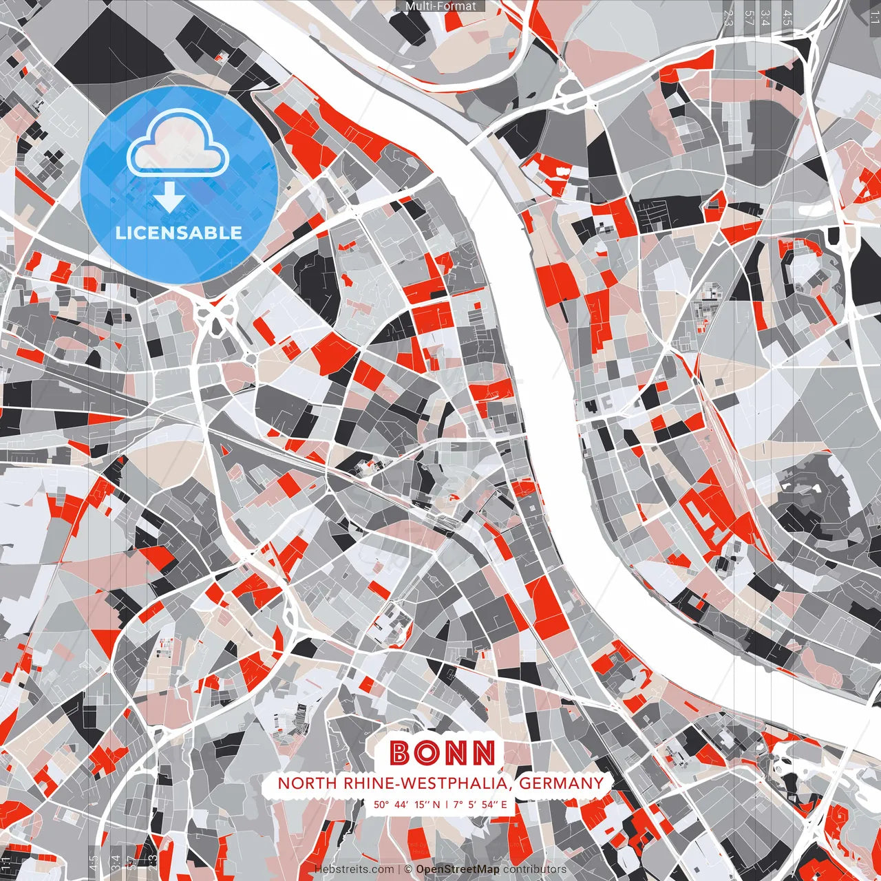 Bonn, North Rhine-Westphalia, Germany - modern street map poster template with gray and red tones