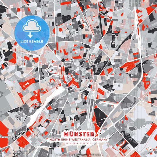 Münster, North Rhine-Westphalia, Germany - modern street map poster template with gray and red tones