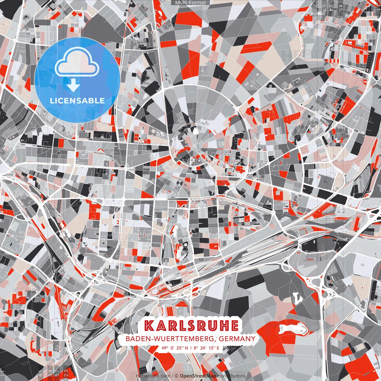Karlsruhe, Baden-Wuerttemberg, Germany - modern street map poster template with gray and red tones