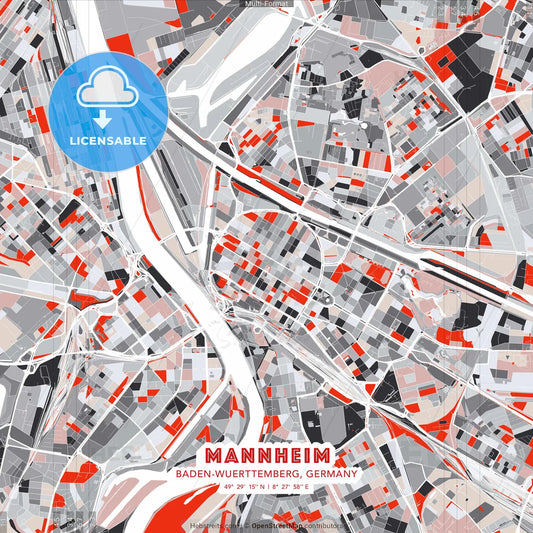 Mannheim, Baden-Wuerttemberg, Germany - modern street map poster template with gray and red tones