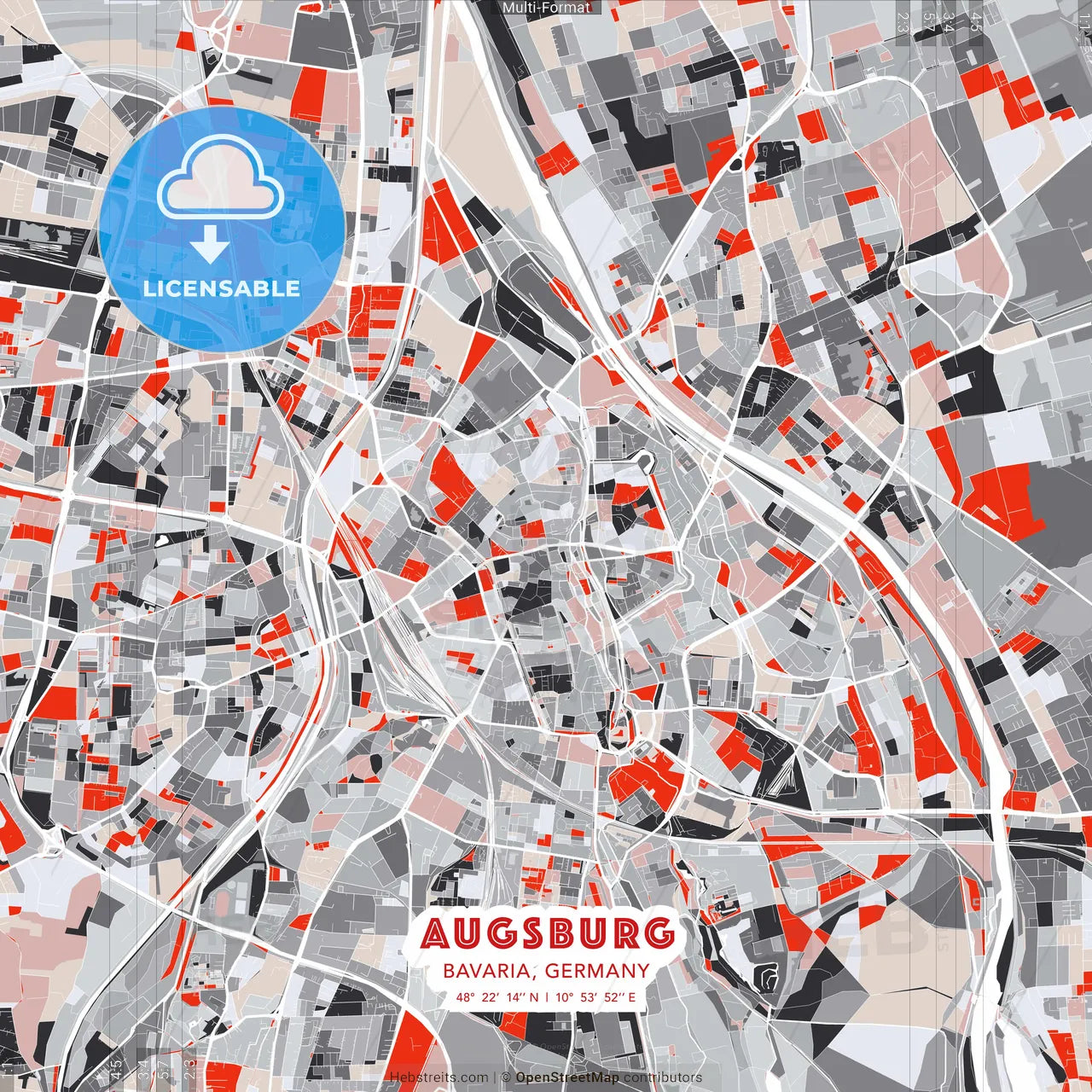 Augsburg, Bavaria, Germany - modern street map poster template with gray and red tones