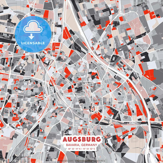 Augsburg, Bavaria, Germany - modern street map poster template with gray and red tones